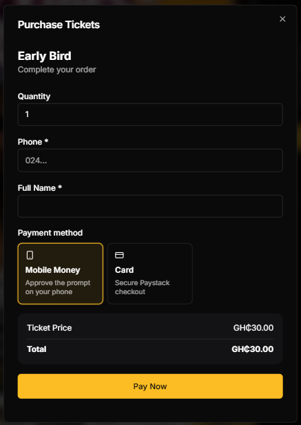 SparkGlim online event ticket purchase screen